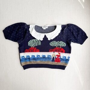 vtg Sweater Loft navy embroidered lace collar short sleeve sweater size M